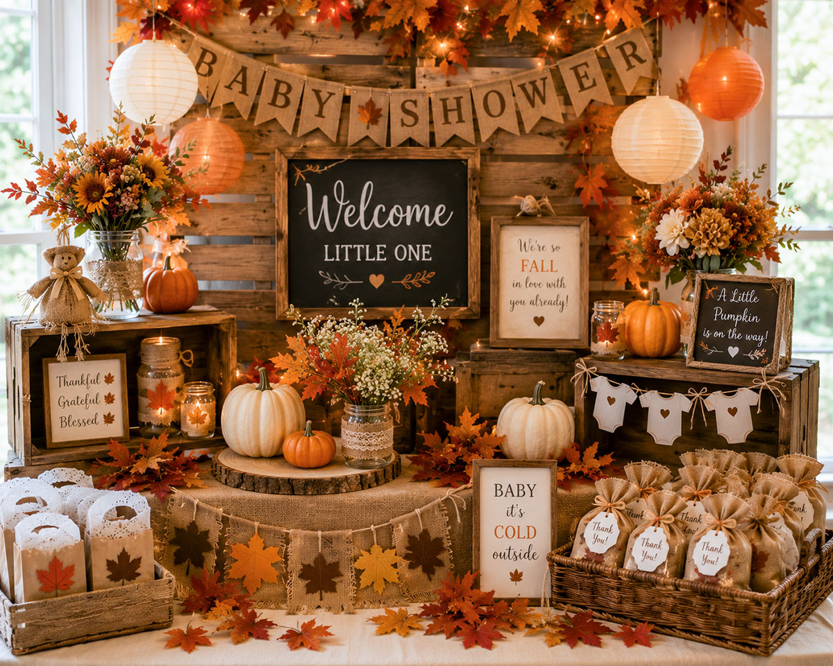 DIY fall baby shower decorations with mini pumpkin place cards, apple basket, framed signs and autumn ribbon chair garland