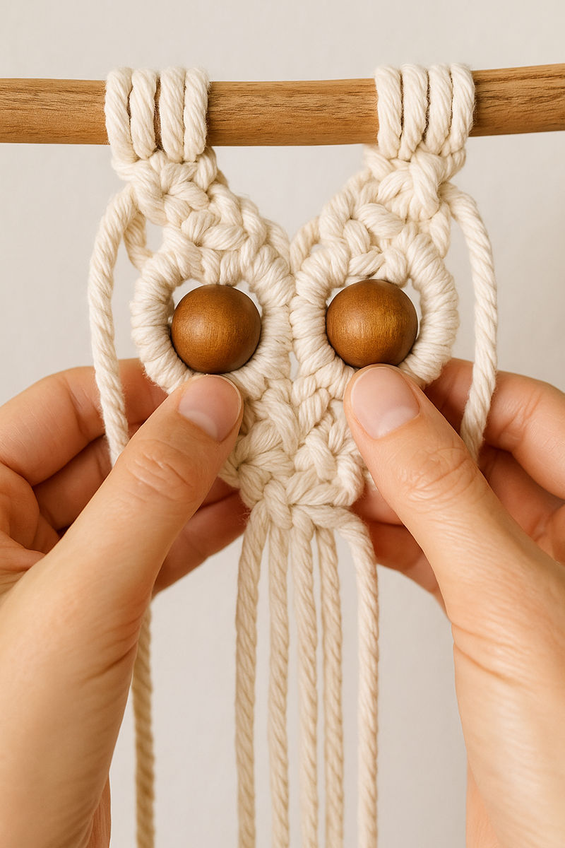 Close-up of hands placing wooden bead eyes onto a macramé owl wall hanging