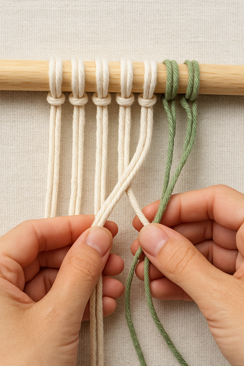 Close-up of macramé cords being folded and attached to a wooden dowel using Lark’s Head knots
