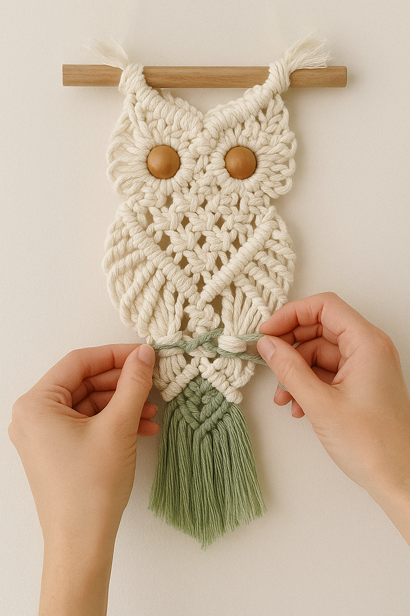 Hands tying sage green accent knots onto the cream macramé owl body to create soft woodland texture
