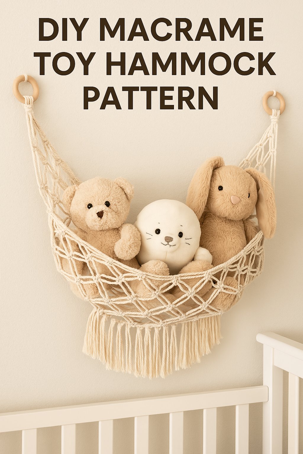 DIY macrame toy hammock pattern hanging in a cozy nursery corner filled with plush toys
