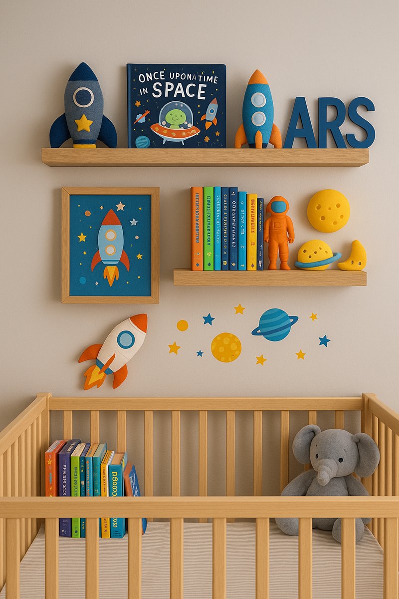 DIY nursery wall shelves styled with books and toys