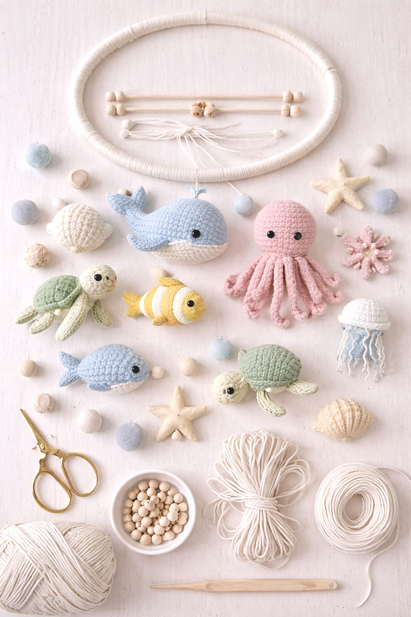 DIY ocean crib mobile pieces arranged before assembly