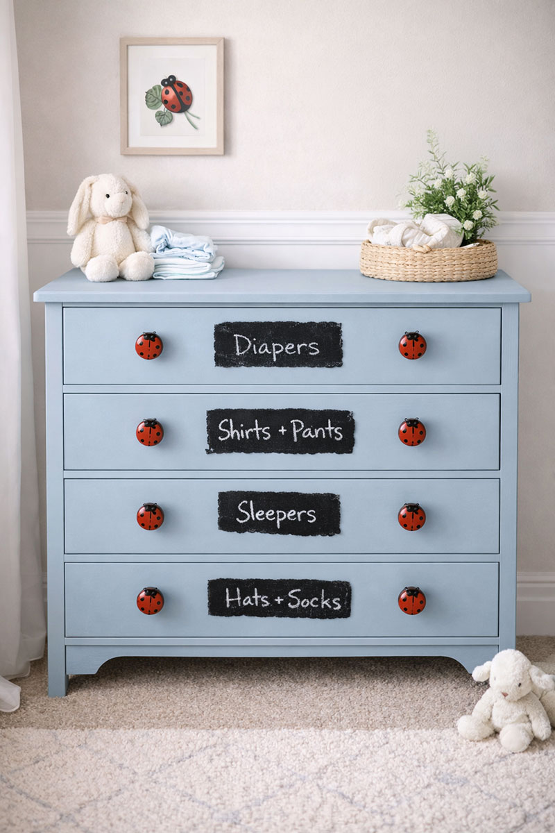 DIY painted ladybug baby dresser and drawer pulls