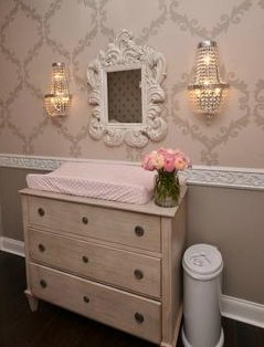 DIY painted white washed baby dresser in a grey and pink rococo baby girl princess nursery design