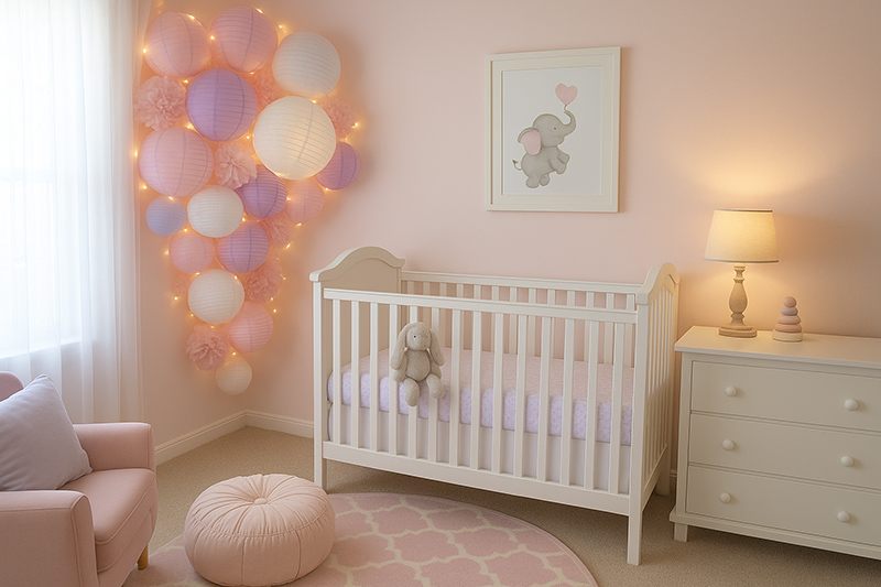 DIY paper lantern nursery light painted soft pink with warm glow