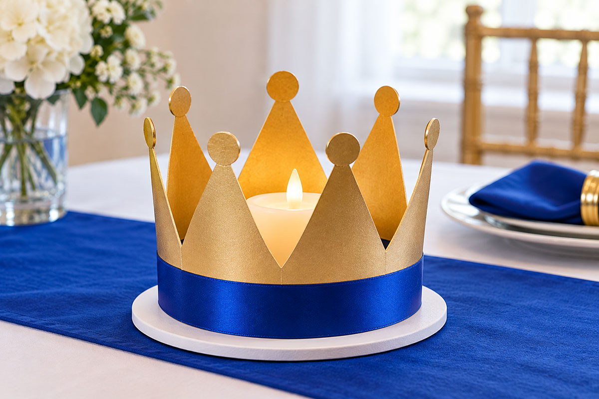 Finished DIY gold cardstock crown centerpiece on a white circular base with royal blue satin ribbon and a small battery operated candle for a prince baby shower table
