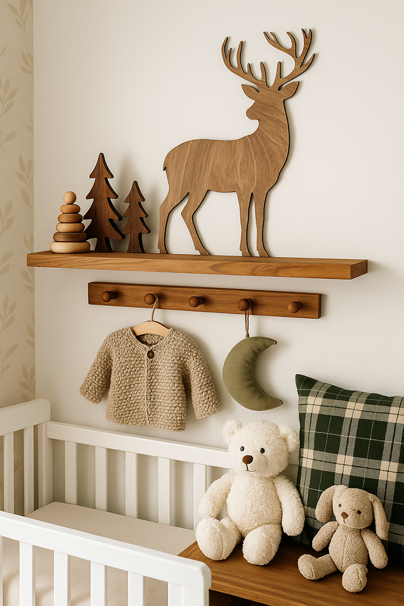 DIY woodland nursery shelf with a wooden whitetail deer elk wall hanging sign, wooden toys and framed art for a baby boy room
