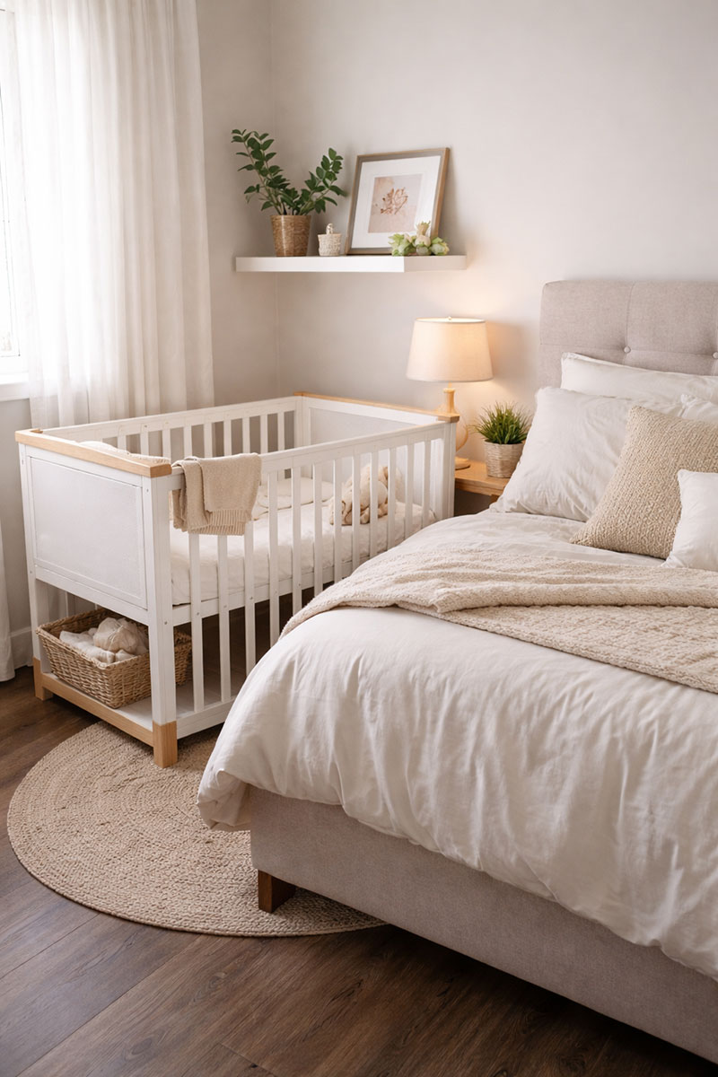 Small bedroom setup showing a crib placed beside a parents bed instead of a full nursery