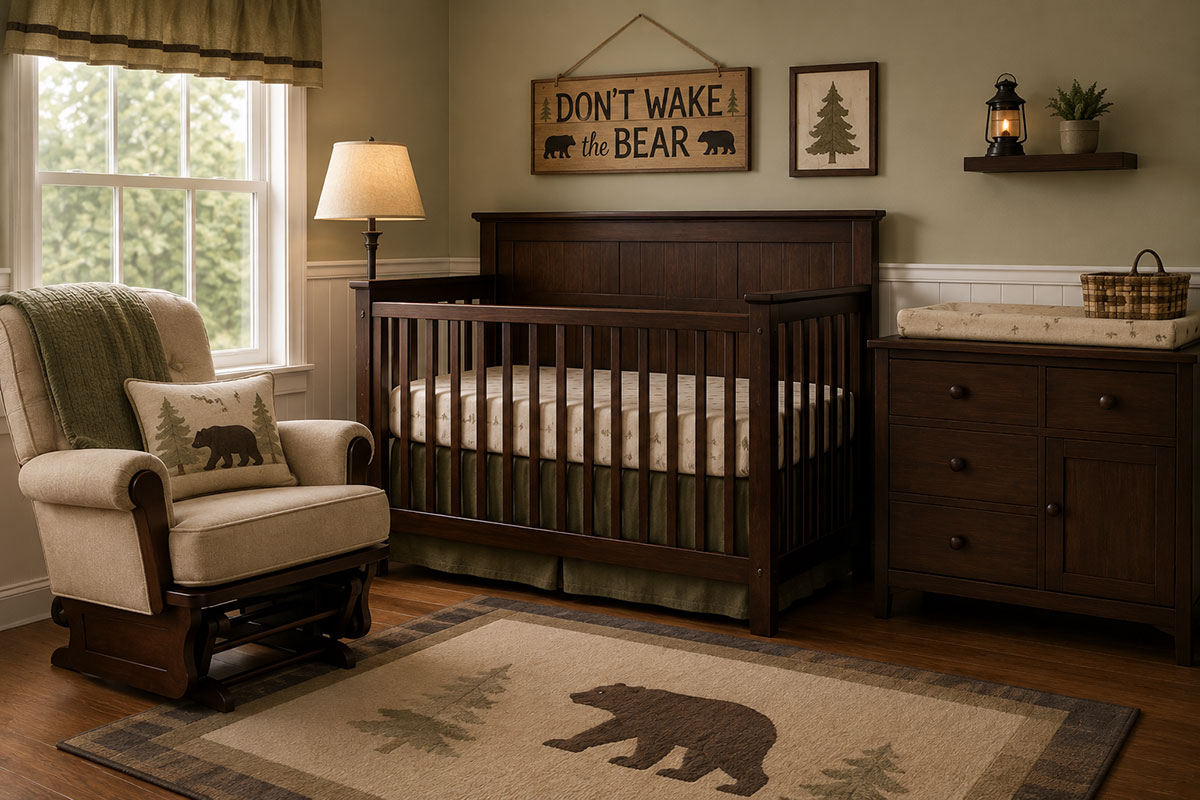 Rustic woodland bear nursery for a baby boy with warm wood furniture and peaceful forest colors