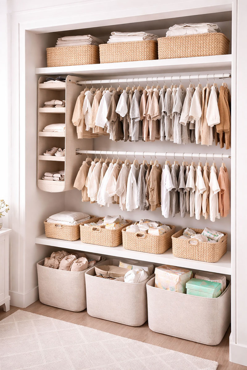 Double rod nursery closet organizer setup with baby clothes hanging in two levels and baskets below