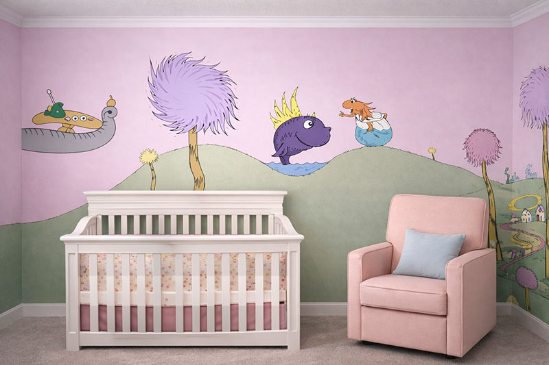 Dr Seuss nursery design for a baby girl in pink and purple with wall decor
