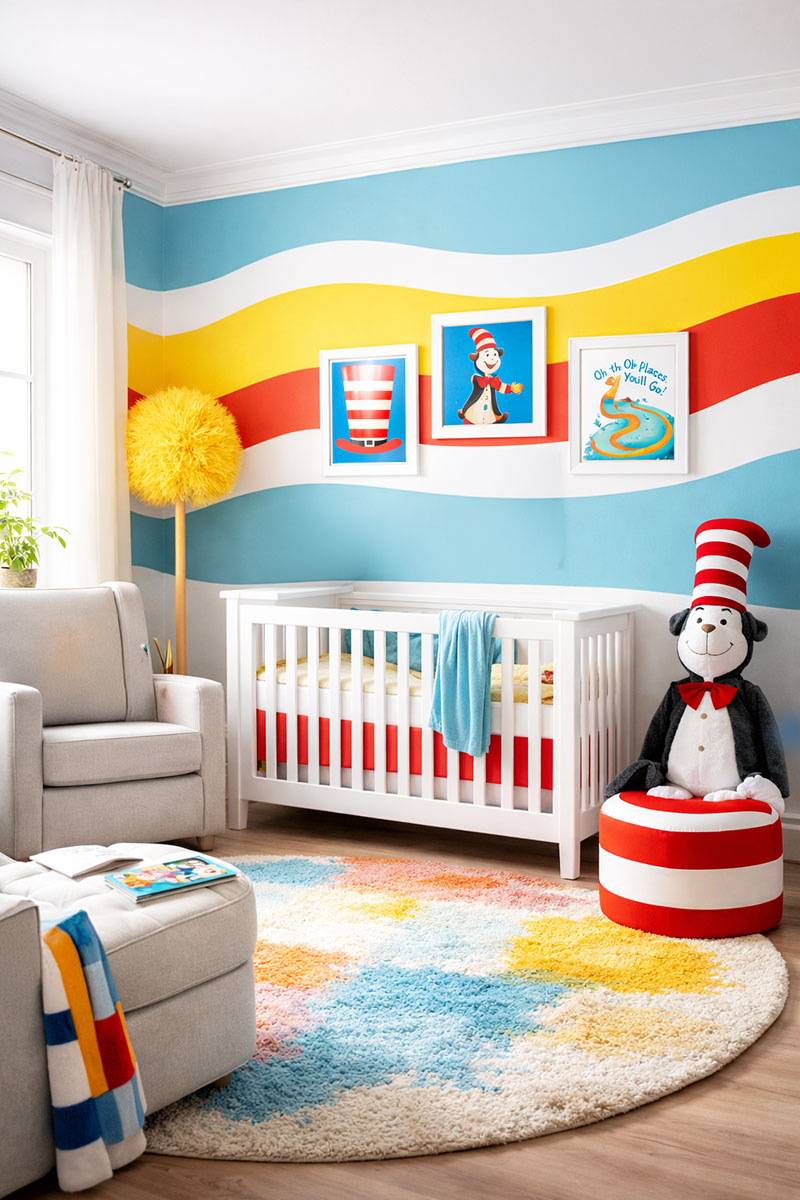 Dr Seuss nursery with bright playful colors, striped accents, whimsical wall art, and a coordinated baby room layout