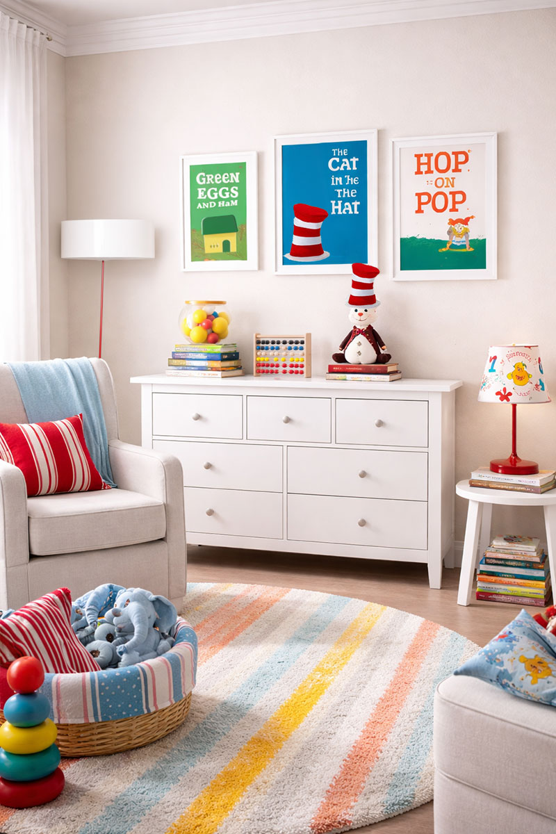 Dr Seuss nursery with striped accents, framed storybook art, and neutral furniture