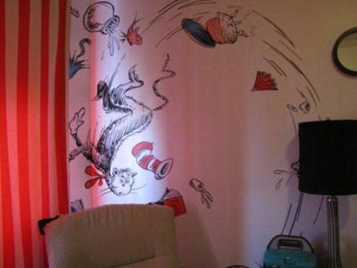 Best Dr. Seuss Themed Baby Nursery Ever with Cat in the Hat, One Fish Two Fish, Horton Hears a Who and Bird from the Sleep Book.