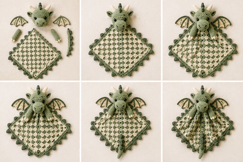crochet dragon lovey assembly with head wings tail and blanket being sewn together