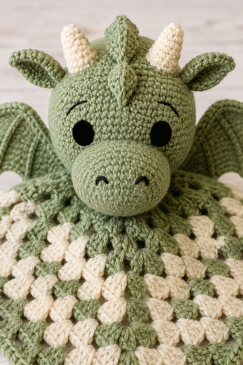 close view of crochet dragon lovey head showing stitched details and wings