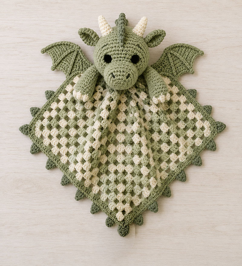 finished crochet dragon lovey laid flat showing blanket shape and dragon details