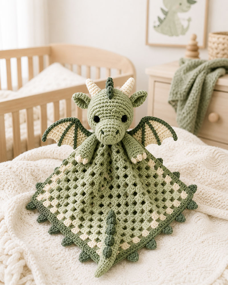 crochet dragon lovey displayed on a modern nursery shelf with no toys plants or text