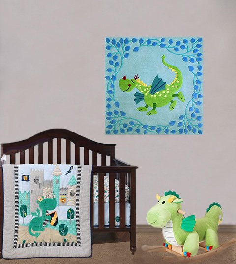 Dragon baby nursery theme decorating ideas with bedding quilt rocker and wall decorations rug