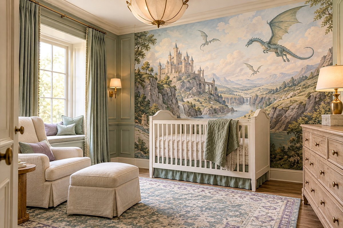 Luxury dragon baby nursery with storybook castle wall mural, flying dragons, sage green accents and elegant white nursery furniture