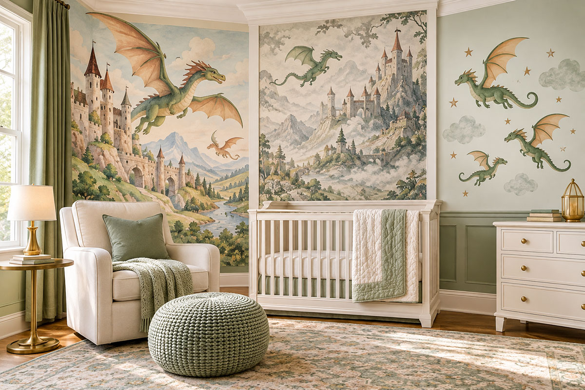 Dragon nursery showing three wall decorating approaches with a painted castle mural, scenic dragon wallpaper and removable flying dragon wall decals