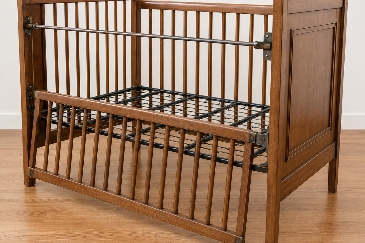 Drop-side crib rail, rod, track and hardware areas shown for general parts identification