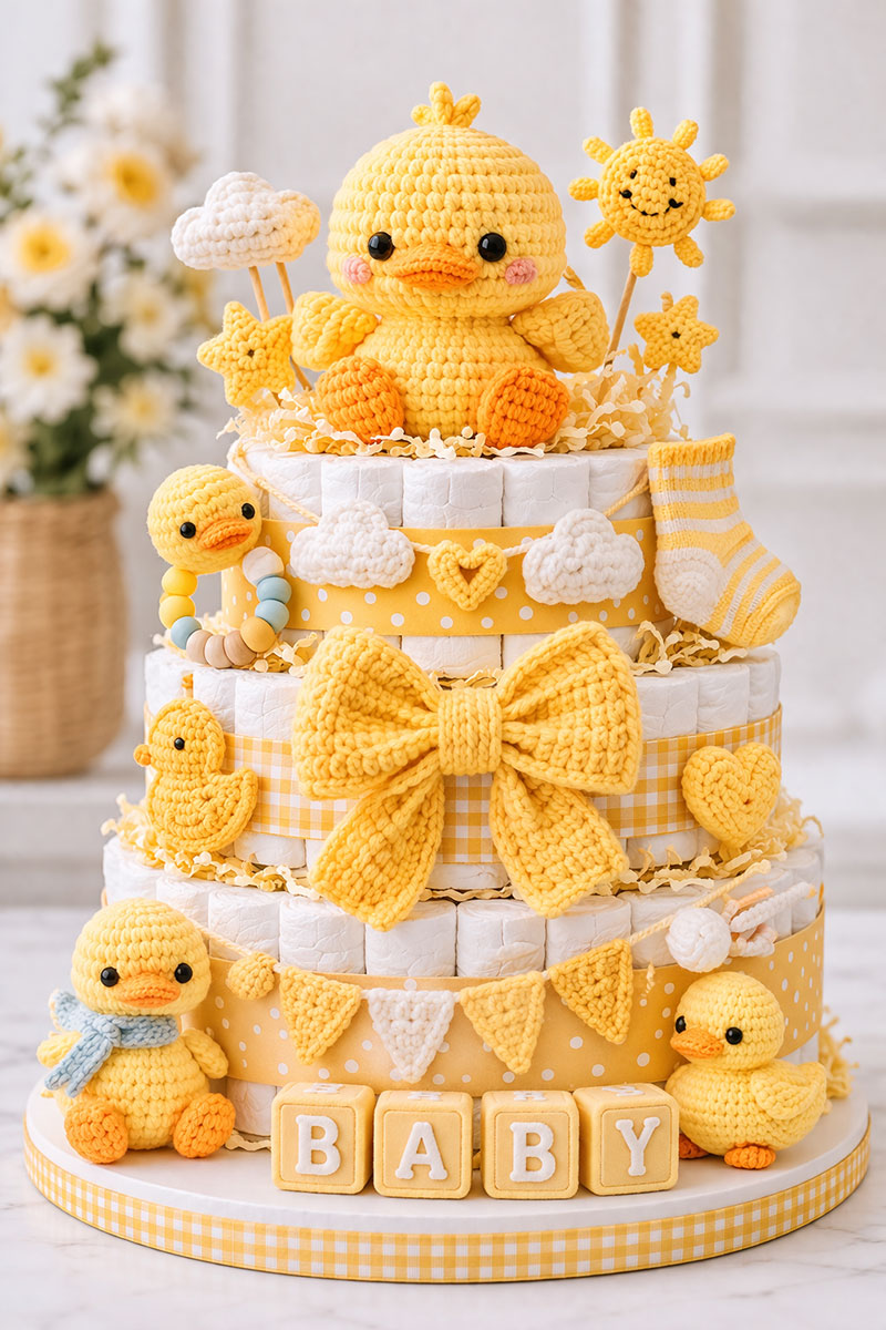 duck diaper cake baby shower centerpiece with soft yellow colors and rubber duck theme