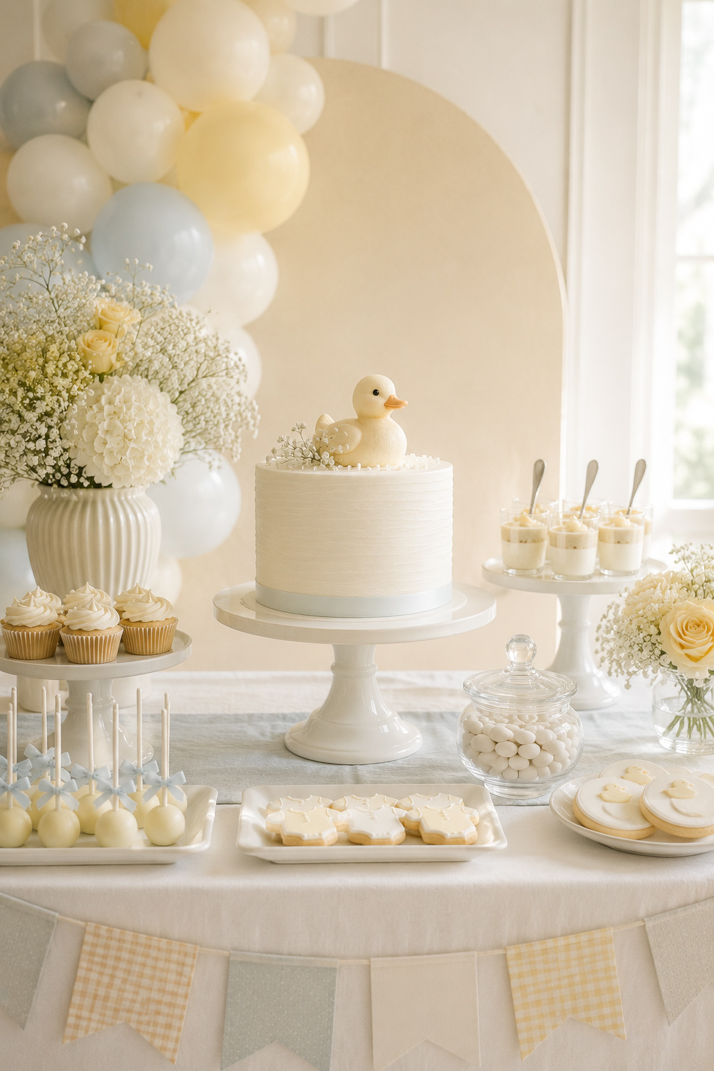 Rubber duck baby shower dessert table with pastel yellow decorations