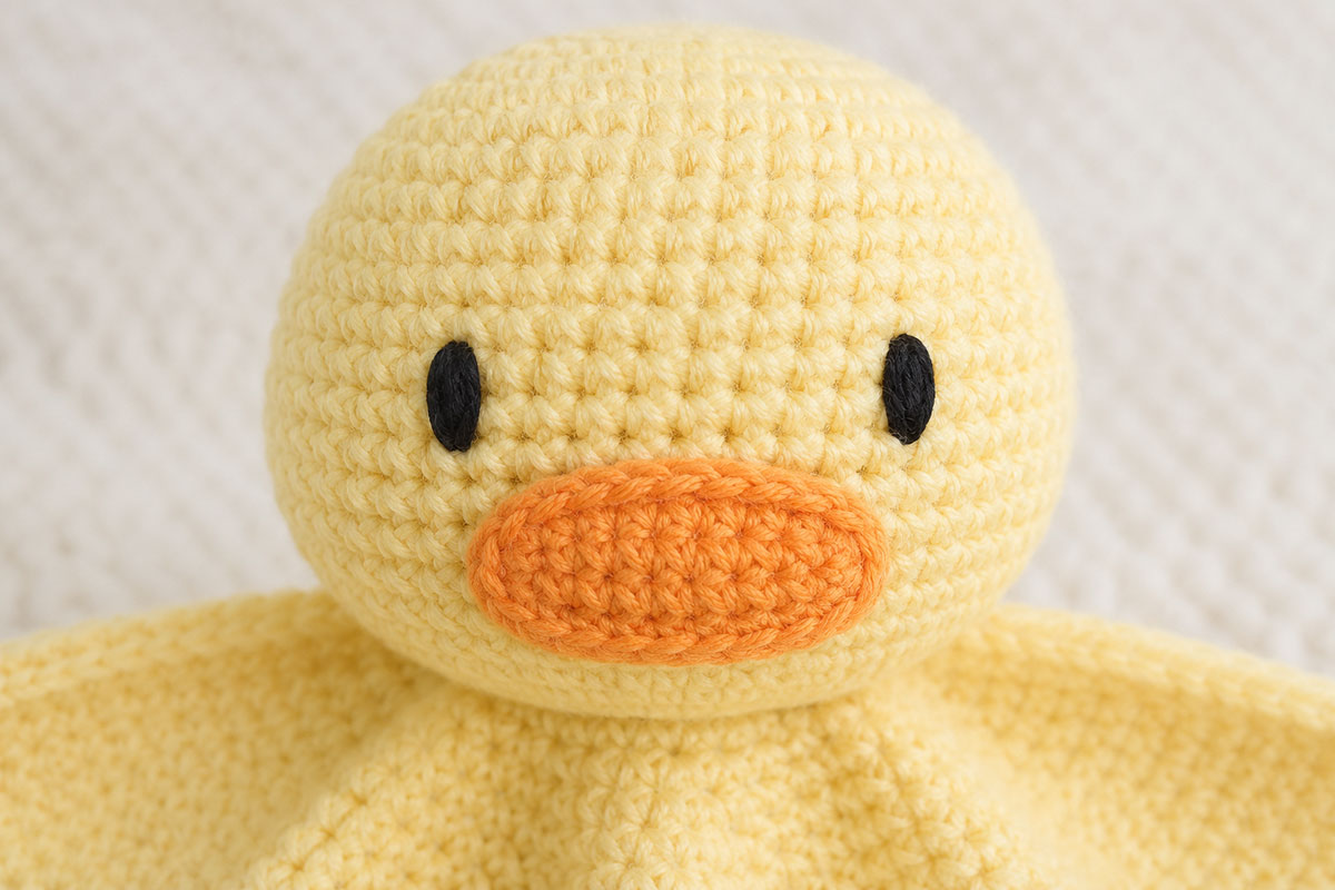 Close view of embroidered satin stitch eyes and a softly curved beak on the crochet duck lovey