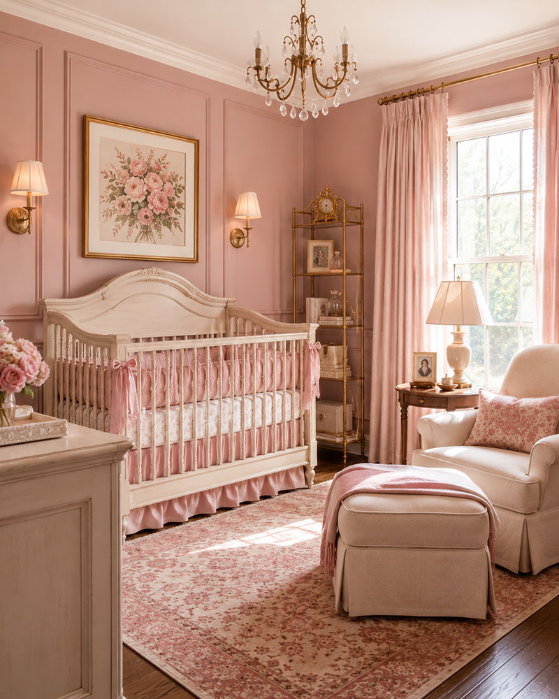 Dusty rose nursery with white crib, woven rug and framed artwork