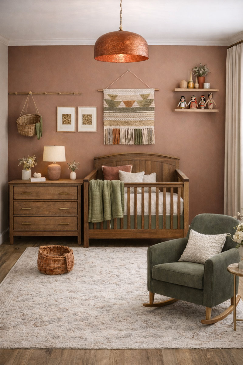 Earth-toned nursery featuring terracotta accents, muted clay walls, olive textiles, oatmeal crib bedding, and warm brown wood furniture