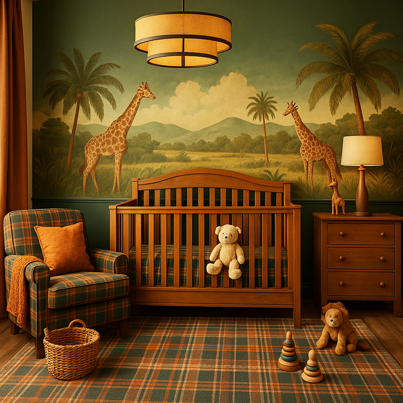 earthy green safari baby boy nursery with plaid fabrics, wooden crib, and giraffe mural