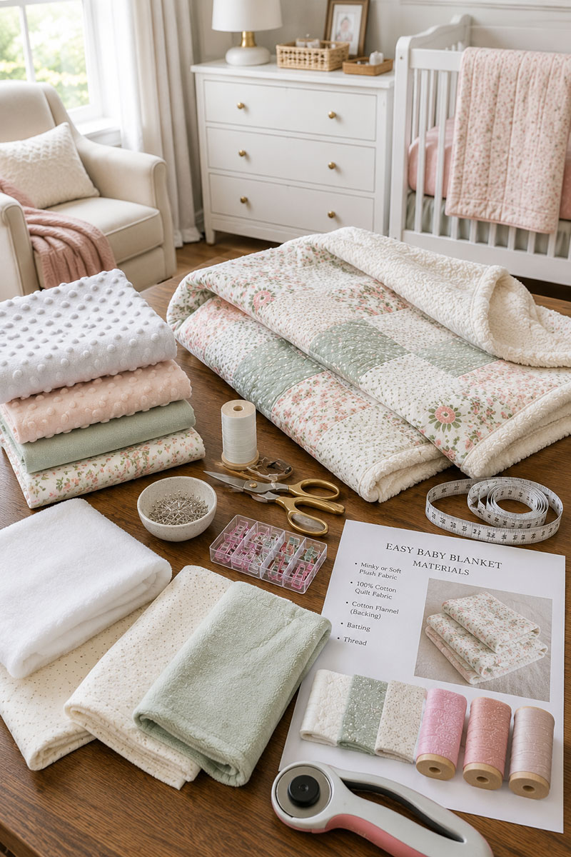 cotton flannel fabric sewing clips thread and scissors arranged for a handmade baby blanket