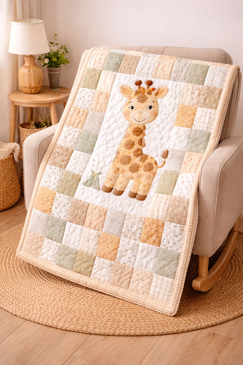 Giraffe patchwork baby crib quilt draped over a nursery chair with soft neutral patchwork blocks