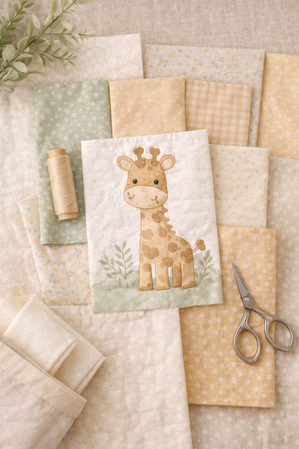 Flatlay of beginner-friendly baby quilt fabrics in soft neutral tones with a giraffe-themed accent fabric