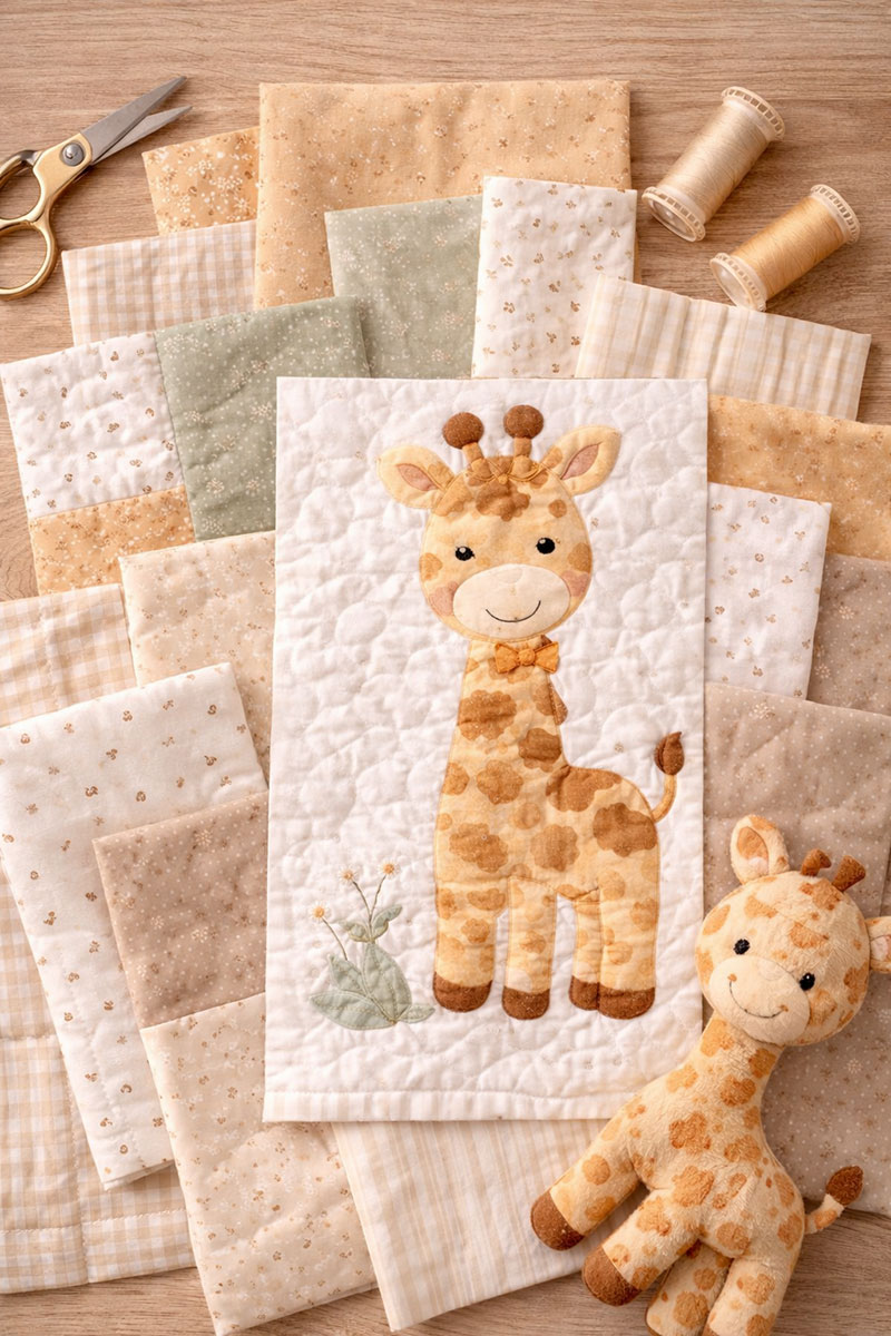 Flatlay of beginner-friendly baby quilt fabrics in soft neutral tones with a giraffe-themed accent fabric