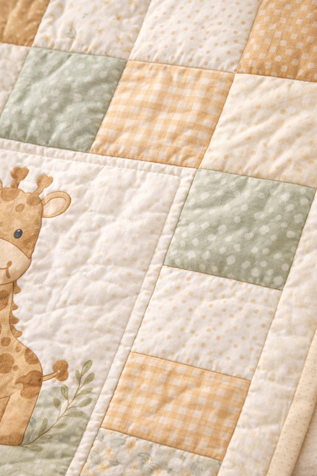 Close-up of simple patchwork quilt blocks with soft neutral fabrics and visible quilting texture