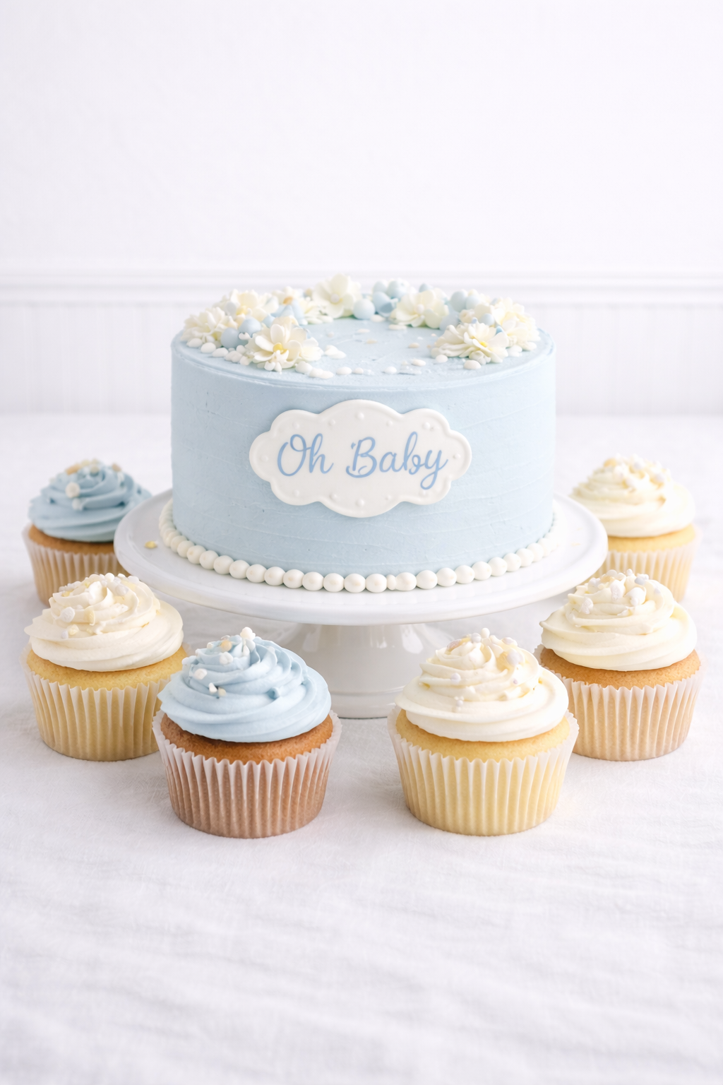 Simple baby shower cake with smooth frosting and coordinated cupcakes