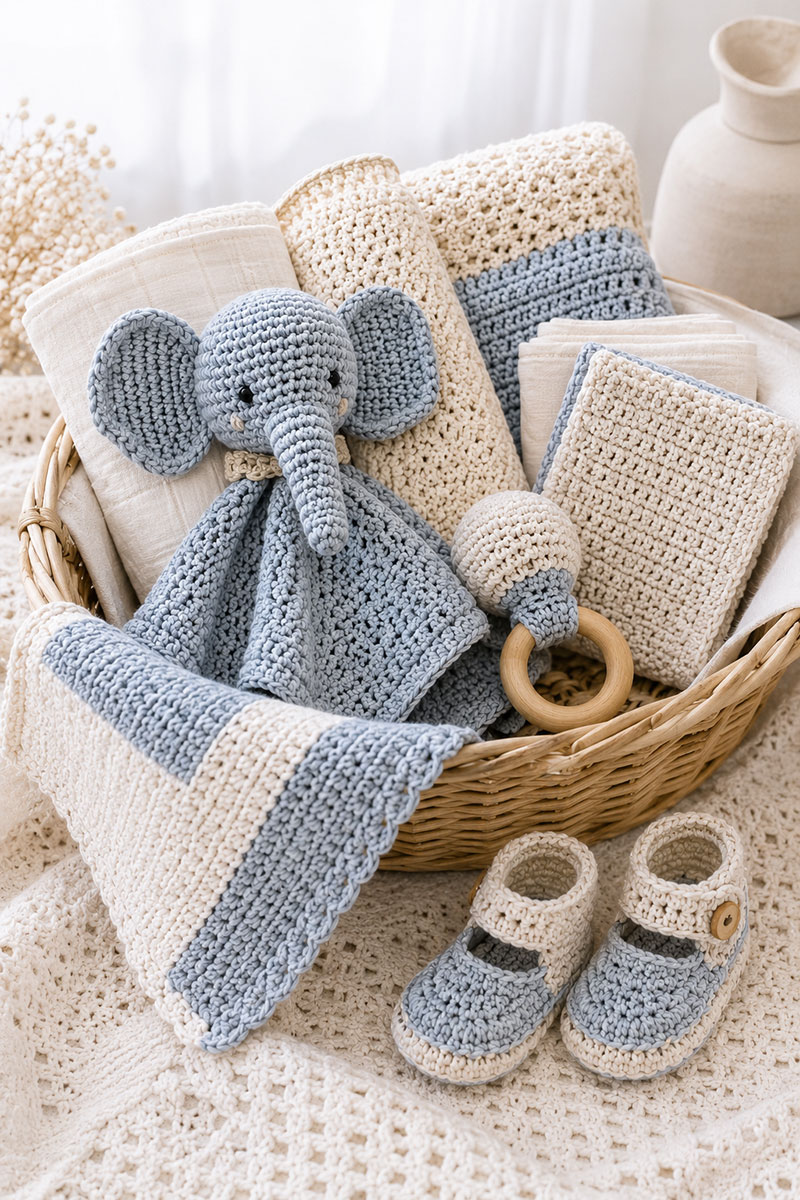 Easy crochet baby shower gifts arranged for a handmade baby gift basket