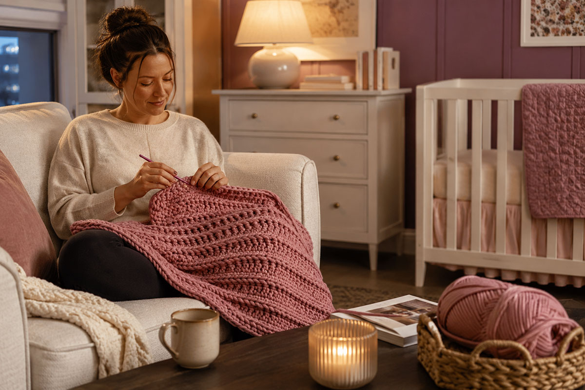 Hands crocheting a ribbed chunky baby blanket during a relaxed evening at home