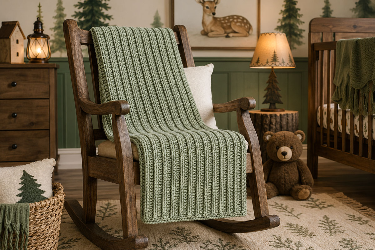 Easy ribbed crochet baby blanket with deep vertical texture made from bulky yarn
