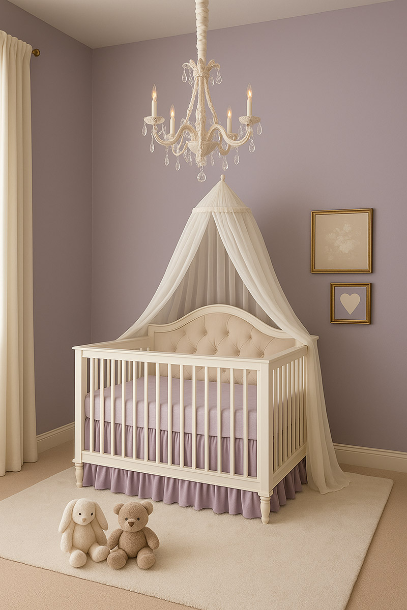 Elegant crystal chandelier hanging above a white baby crib