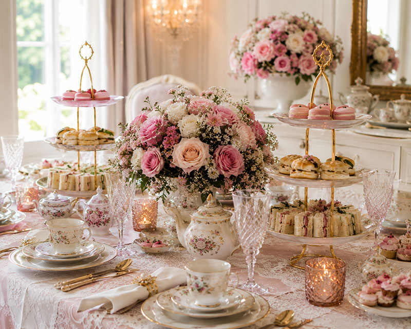 High tea decorating ideas with china cups, serving trays and coordinated table settings for a baby shower