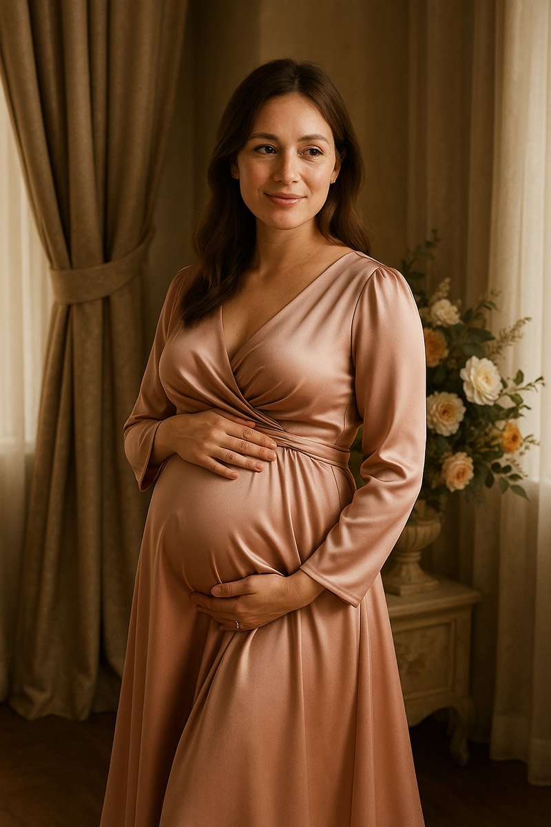 Pregnant woman in a flowing satin maternity gown standing in a softly lit room with elegant drapery and flowers