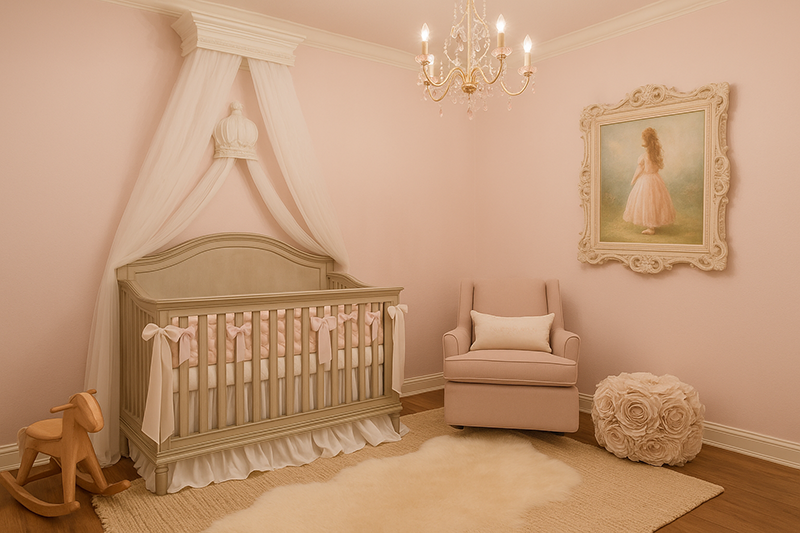 Elegant princess baby nursery with soft pink and lavender décor and crystal chandelier