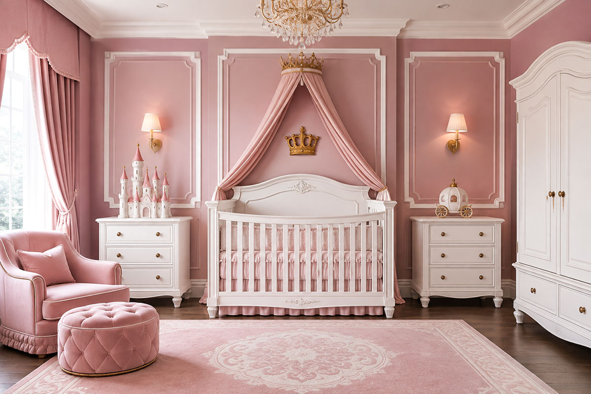 Elegant princess theme nursery with a white crib dusty pink walls a simple crown decoration and sophisticated castle inspired baby girl decor