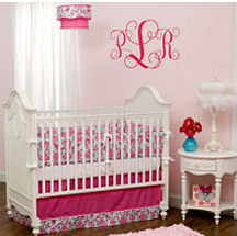 Pink and green damask baby nursery bedding and room decor