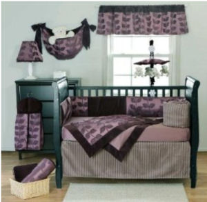 Plum purple black and gray baby crib bedding set for a baby nursery room