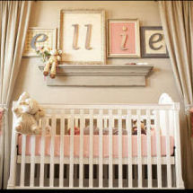 Romantic vintage salmon pink gray and mossy forest green baby girl nursery room